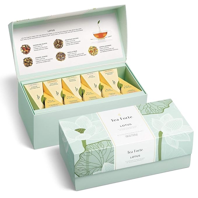 Tea Forte Premium Presentation Box Gift Set Sampler 20 Count Assorted Blends Individually Wrapped Handcrafted Pyramid Infuser Bags Lotus Tea