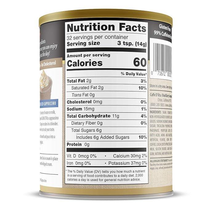 Caffe D'Vita Mocha Cappuccino - Instant Powder Coffee Mix Gluten Free No Cholesterol No Hydrogenated Oils No Trans Fat 99% Caffeine Free - 1 Lb Can