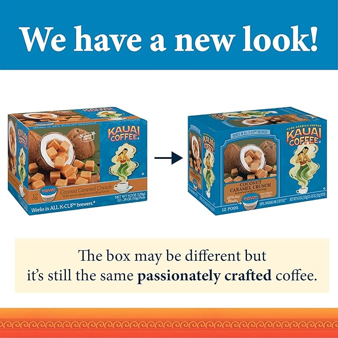 Kauai Coffee Pods Compatible with K-Cup Pods for Keurig Brewers – 20% Hawaiian Arabica – Medium Roast Rich Smooth No Bitterness – Coconut Caramel Crunch 4 Packs of 12 Single Serve Cups