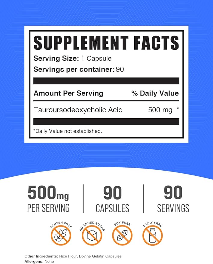 BulkSupplements.com TUDCA Capsules - TUDCA Supplement Tauroursodeoxycholic Acid TUDCA 500mg for Liver Support - Gluten Free 1 Capsule per Serving 90 Capsules (Pack of 1)