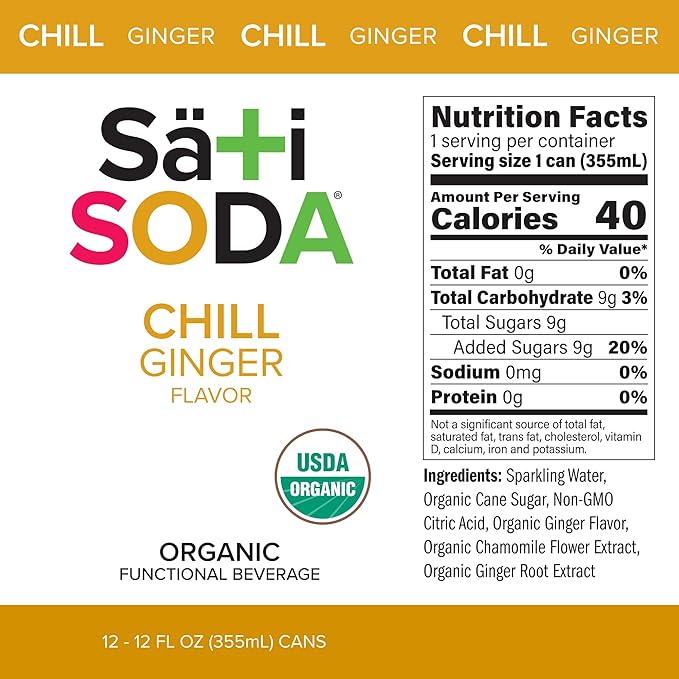 Sati Soda Ginger – Functional Ginger Soda with Chamomile – Low Sugar (9g) Organic Sparkling Drink for Calm &amp Digestion – Healthy Soda Alternative – 12 Pack
