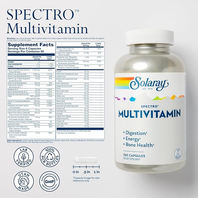 SOLARAY Spectro Multivitamin with Iron - Multi Vitamin with Calcium Magnesium Energizing Greens Herbs &amp Digestive Enzymes - Digestion Energy and Bone Health Support (60 Servings 360 Capsules