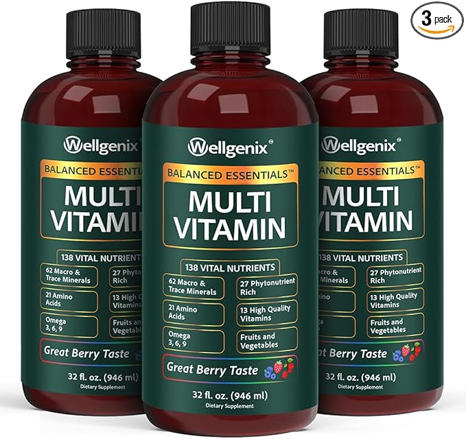 Wellgenix Balanced Essentials Liquid Multivitamin Dietary Supplement with Vitamins and Minerals – Berry Flavor – 32 fl oz (Pack of 3)