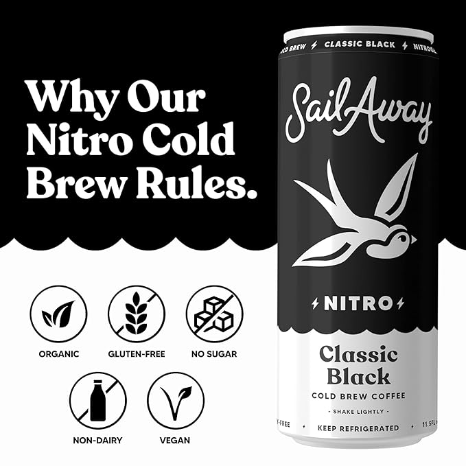 Sail Away Coffee Nitro Cold Brew Coffee Cans - Less Acidic Coffee Beverages | Draft Nitrogen Pour 220mg Caffeine Gluten Free Organic Keto Classic Black 6 Pack