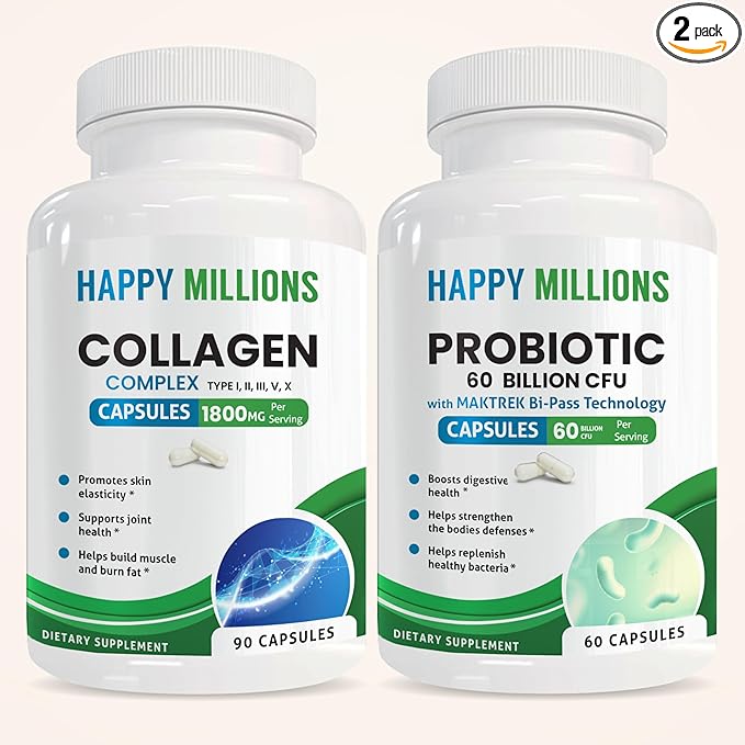 Collagen Complex &amp Probiotic 60 Billion Capsules | Supports Skin Joint &amp Digestive Health | Type I II III V X Collagen + MAKTREK Probiotic | 90 + 60 Capsules