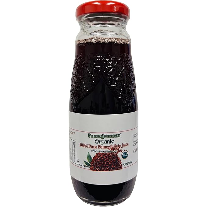 100% Organic Pomegranate Juice 6.7 Oz Glass Bottle (12 Pack) No Sugar No Artificial Colors No Preservatives No Flavors Added Gluten Free and Kosher