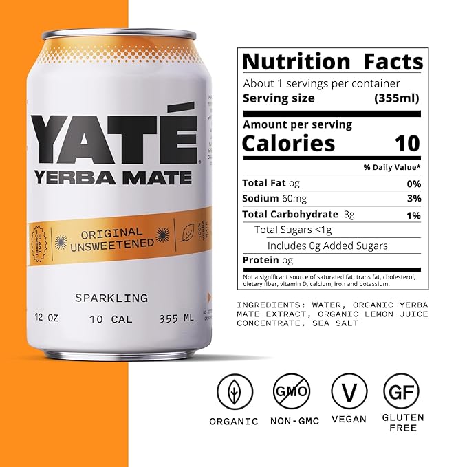 Yate Sparkling Yerba Mate - Unsweetened Organic Yerba Mate Drink with Zero Sugar &amp 10 Calories for Daily Energy - A Smooth Healthy Energy Drink with Antioxidants &amp Plant-Based Ingredients - 1