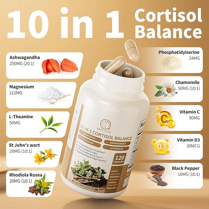 Cortisol Supplements for Women &amp Men - 10-in-1 Cortisol Reducer Manager Detox with Ashwagandha Magnesium - Lower High Cortisol Levels Relaxation &amp Night Support Non-GMO 120 Capsules