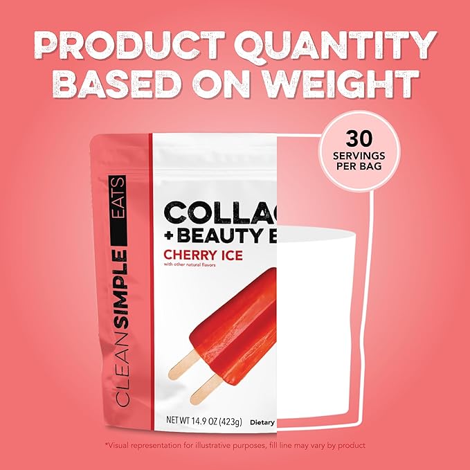 Clean Simple Eats Collagen Powder + Beauty Blend Cherry Ice Flavor Hydrolyzed Collagen Peptides from Grass Fed Bovine &amp Chicken Hyaluronic Acid for Hair Skin Nail &amp Joint Support 30 Serv