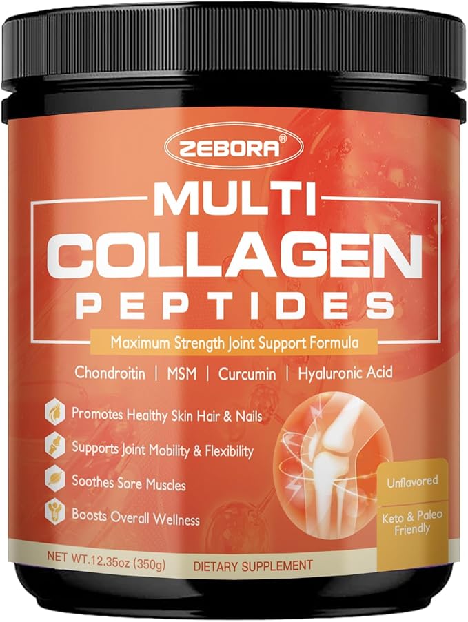 ZEBORA Multi-Collagen-Peptides-Powder with MSM &amp CS Type I II III V X Hydrolyzed Collagen Peptides with Hyaluronic Acid &amp Vitamin C for Women and Men Hair Skin Nails &amp Joint Non-GMO 3