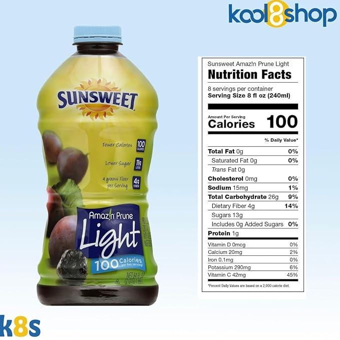 Sunsweet Amazin Prune Light Juice 64 fl oz Plastic Bottles 4 Pack + 15 Sugarcane Disposable Straws by KOOL8SHOP Infinite Deals