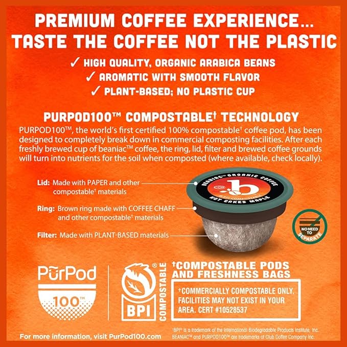 beaniac Hot Cakes Maple Flavored Light Roast Single Serve Compostable K Cup Coffee Pods Organic Arabica Coffee with Natural Flavors Keurig Brewer Compatible 30 Count