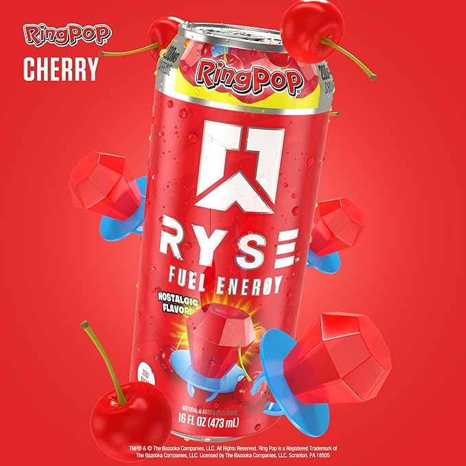 RYSE Fuel Energy Drink - Ring Pop Cherry - Sugar Free Gluten Free &amp Vegan - 200mg Natural Caffeine Taurine &amp Choline for Focus &amp Energy - No Artificial Colors - 16 fl oz Cans (12-Pack)