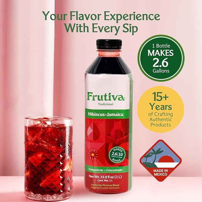 Frutiva Authentic Hibiscus Drink Mix | Aguas Frescas Concentrate Makes 2.6 Gallons Per Bottle | Made in Mexico with Cane Sugar | Sabores |No High Fructose Corn Syrup | Perfect for Drinks Desserts &am