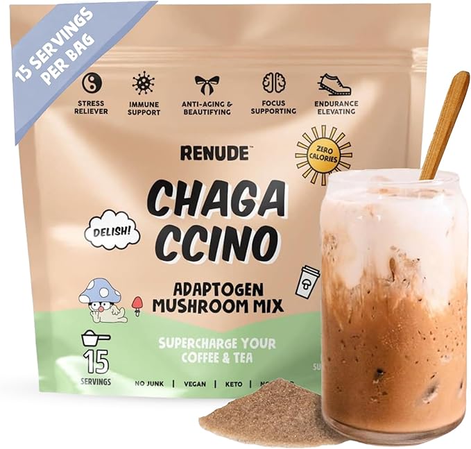Renude Chagaccino - Chaga Mushroom Powder Mushroom Coffee Drink Mix with Adaptogens Natural Energy and Immune Support Vegan Keto Zero Calorie Mushroom Blend Powder - 15 Servings
