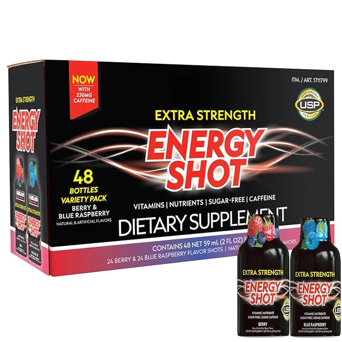 Extra Strength Energy Shot 48 Bottles (2 fl oz Each) – Sugar Free Liquid Energy Supplement with Caffeine (Pack of 1)