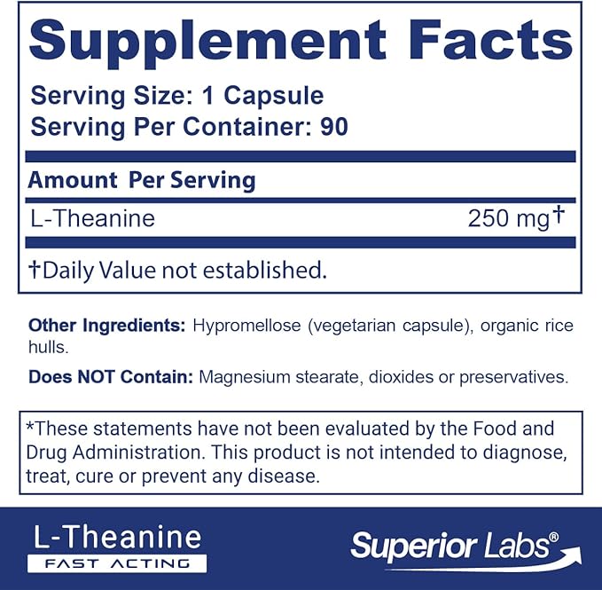Superior Labs L-Theanine 250 mg Capsules Non-GMO Promotes Non Drowsy Relaxation &amp Helps Ease Everyday Stress Supports Healthy Sleep Promotes a Focused Mind High Absorption 90 Veg Caps