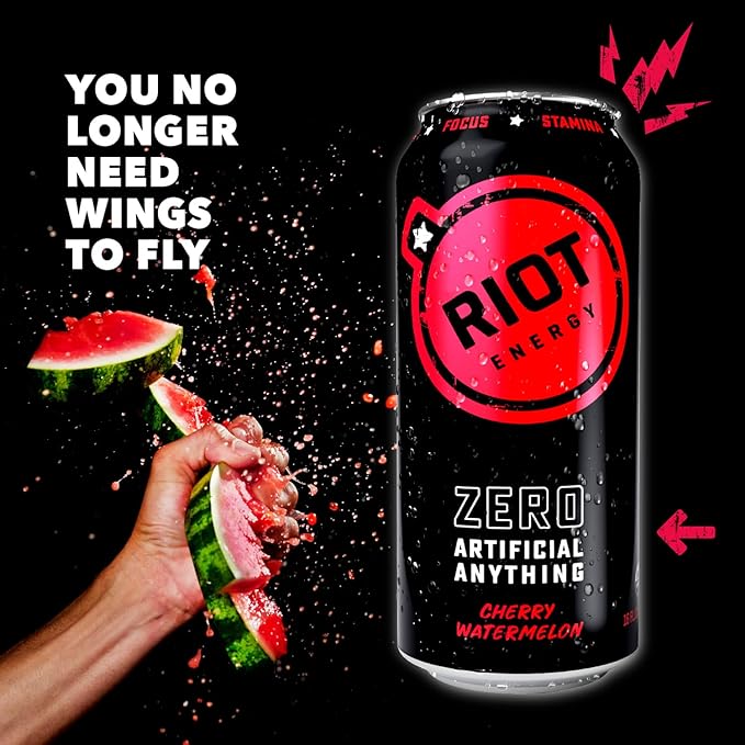 RIOT Clean Energy Drink – Cherry Watermelon | No Sucralose No Sugar Added No Artificial Flavors | 160mg Natural Caffeine + 100mg L-Theanine | Clean Focus &amp Smooth Energy | 16 Fl Oz (Pack of 12)