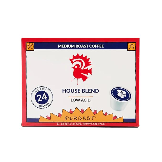 Puroast Low Acid Coffee| House Blend Single Serve Pods | Medium Roast | High Antioxidants &amp High pH |No Bitter Aftertaste | Reduced Heartburn &amp GERD Friendly | 24 Count - Compatible with Keuri