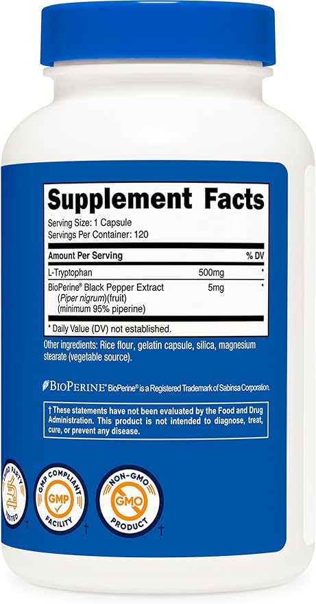 Nutricost L-Tryptophan 500mg 120 Capsules - with BioPerine Gluten Free Non-GMO (Pack of 2)