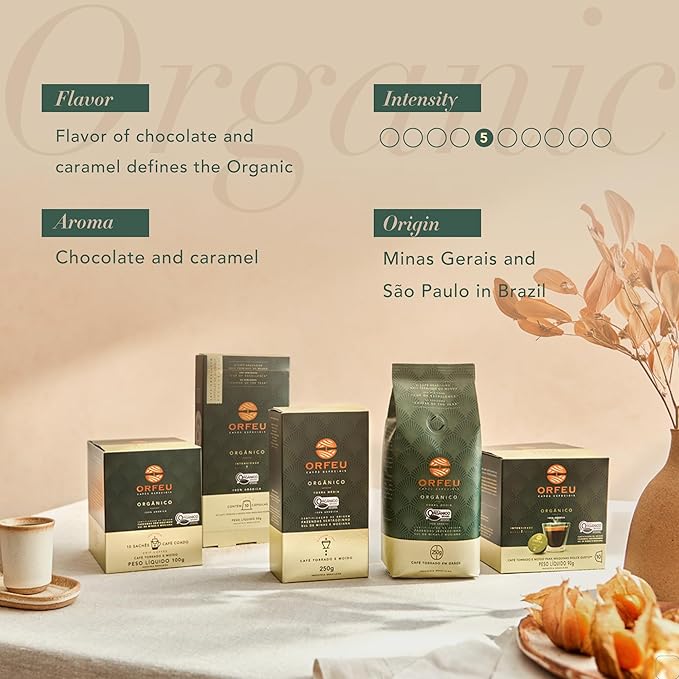 ORFEU - Special Ground Coffee - 100% Arabica Roasted &amp Ground Medium Roast - Chocolate and Caramel Sensory Notes - Velvety High Sweetness Medium Acidity - Organic 8.8 oz