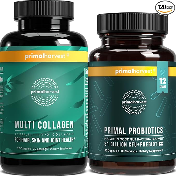 Primal Harvest Probiotics &amp Multi Collagen Supplements for Women and Men Pre and Probiotics with 31 Billion CFU and Collagen Peptides Pills Bundle