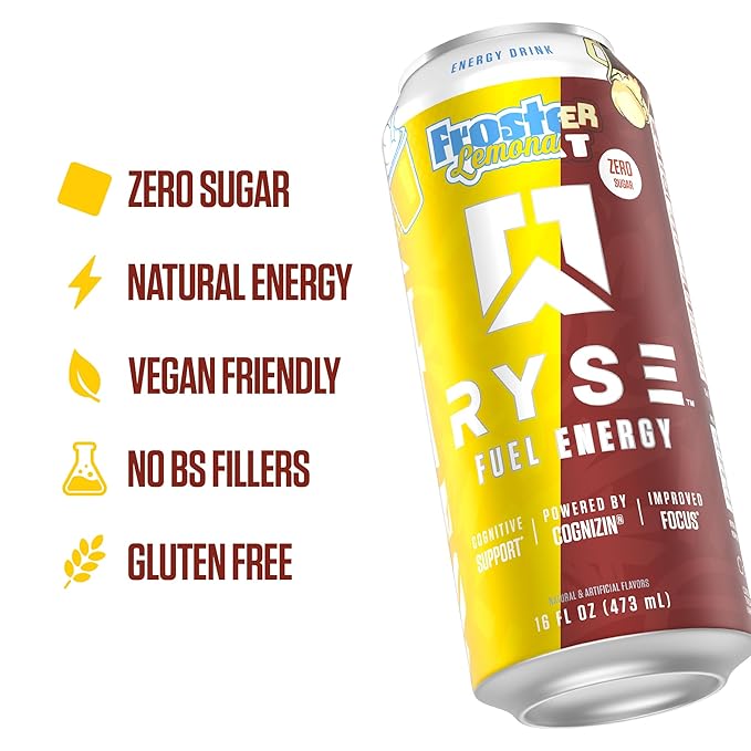 RYSE Fuel Energy Drink - Variety Pack (6 Frosted Lemonade &amp 6 Root Beer Float) - Sugar Free - 200mg Natural Caffeine New Formula to Supports Cognitive Health &amp Improves Focus - 16 fl oz (12-P