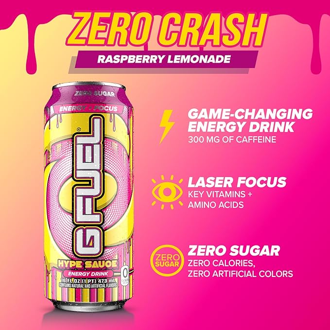 G Fuel Energy Drink Raspberry Lemonade Sugar Free Beverage with 300mg Caffeine Daily Energy Boost with Focus Amino Vitamin + Antioxidants 16 oz Cans (Hype Sauce 12-Pack)