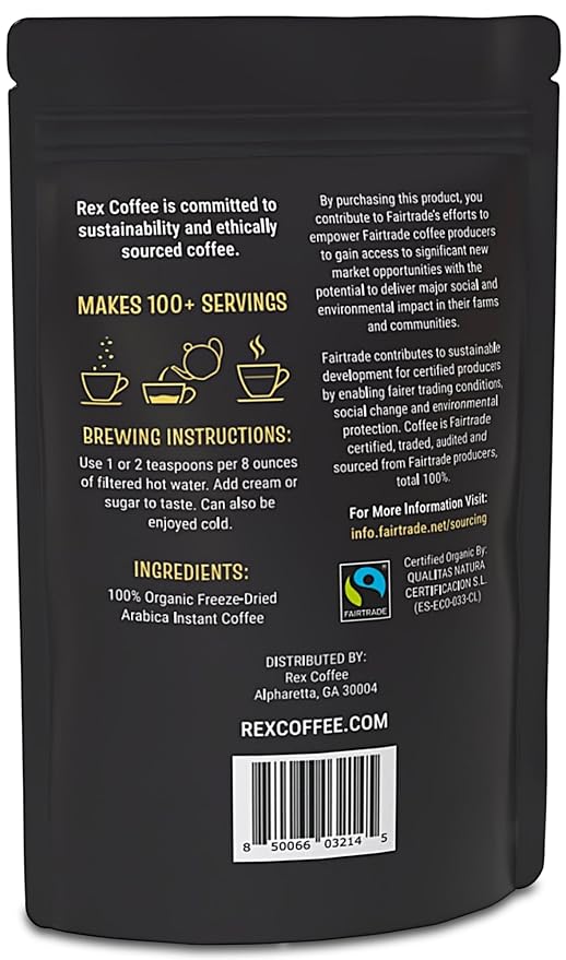 Rex Organic Fairtrade Freeze-Dried Instant Coffee – Medium Roast Arabica 7.05 oz Resealable Pouch Bag – USDA Organic &amp Fairtrade Certified Lab Tested for Mold &amp Mycotoxins