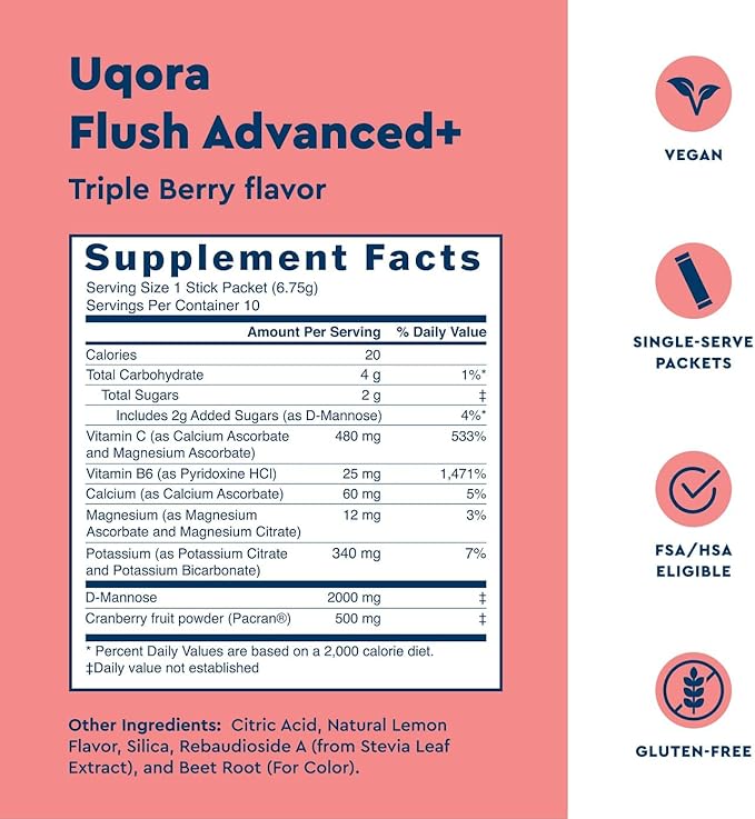 Uqora Flush Advanced+ - Helps Reduce Risk of Recurrent UTI** - with Cranberry D-Mannose Vitamin C Vitamin B6 &amp Potassium - Gluten-Free &amp Vegan - Triple Berry Flavor - 10 Packets (1 Pack)