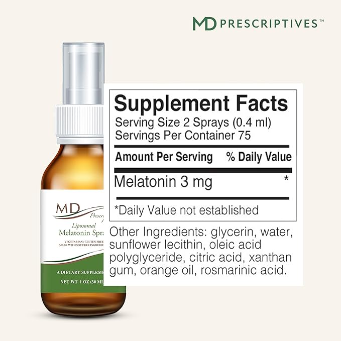 MD Prescriptives Liposomal Melatonin Dietary Supplement 3mg Spray - Enhanced Absorption to Help Encourage Restful Regular Sleep - Suitable for Vegetarians - 75 Servings - 30 ml