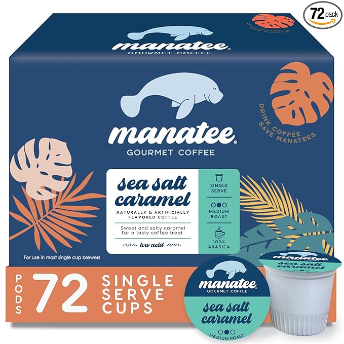 Manatee Gourmet Coffee Single Serve Pods for Keurig K Cup Brewers Medium Roast Sea Salt Caramel 72 Count
