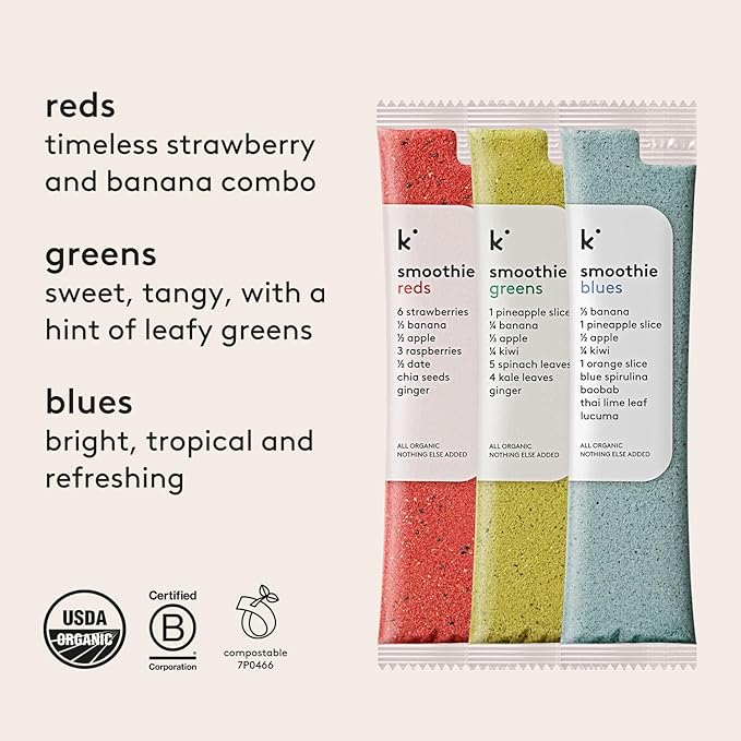 kencko Smoothie Mix Variety Pack - 8 Instant Breakfast Smoothies - 100% Organic Fruit And Vegetable Superfoods Natural Healthy Vegan Gluten Free - Reds Blues Greens Powder Smoothie Mix Packets