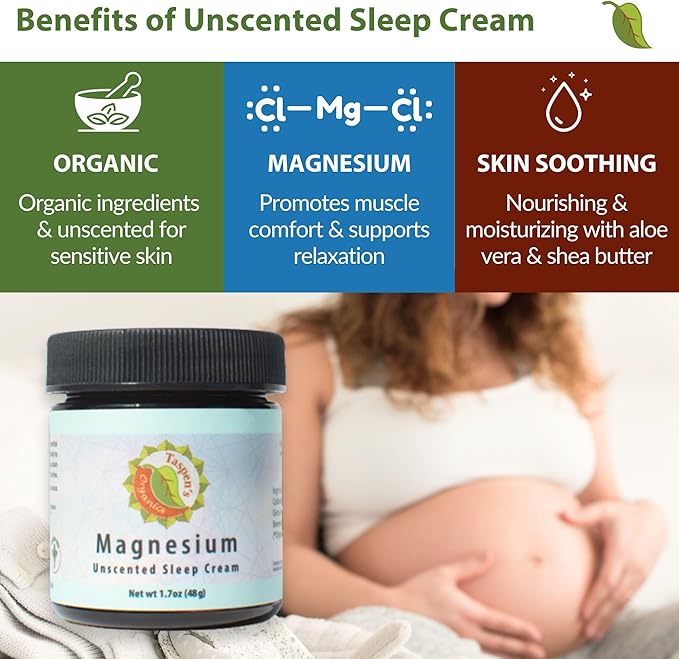 Taspen's Organics Magnesium Unscented Sleep Cream | Natural Nighttime Topical Magnesium for Babies Toddlers Kids &amp Pregnancy | Promotes Relaxation Deep Sleep &amp Soothes Muscles (9 oz)