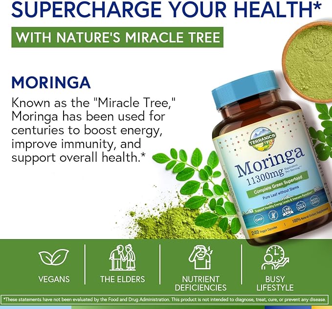 Terranics Collagen Peptides &amp Moringa Capsules Bundle - Hydrolyzed Collagen Powder from Grass-Fed Bovine + 11300mg Pure Moringa Oleifera Powder - Types I &amp III Collagen - 16oz &amp 240 Capsul