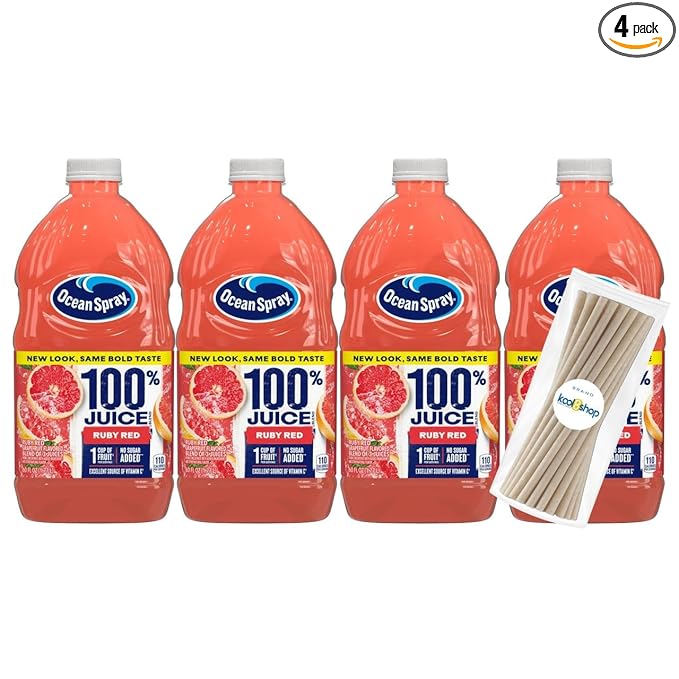Ocean Spray 100% Ruby Red Fruit Juice No Added Sugar 60 fl oz 4 Pack + 15 Sugarcane Disposable Straws by KOOL8SHOP Infinite Deals