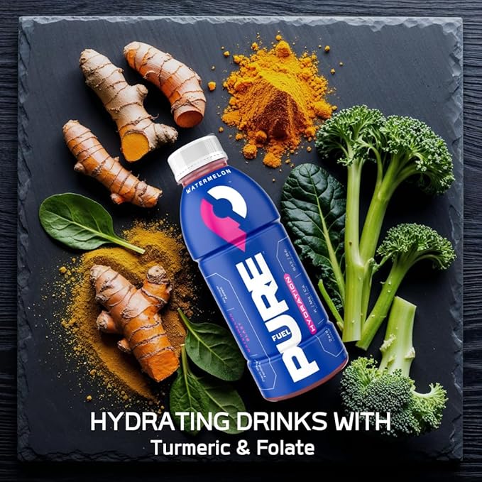 Pure Fuel Hydration Drinks Watermelon Blast - Plant-Based Healthy Electrolyte Drinks with B-Vitamins - No Added Sugar - 12 Pack x 16.9 fl oz Bottles