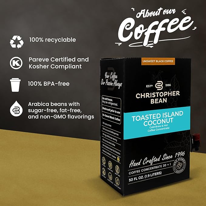 Christopher Bean Coffee - 396 servings 30 to 1 Blend Bag in Box Liquid Instant Coffee or Cold Brew Coffee Concentrate - Hot or Iced Coffee - Toasted Island Coconut