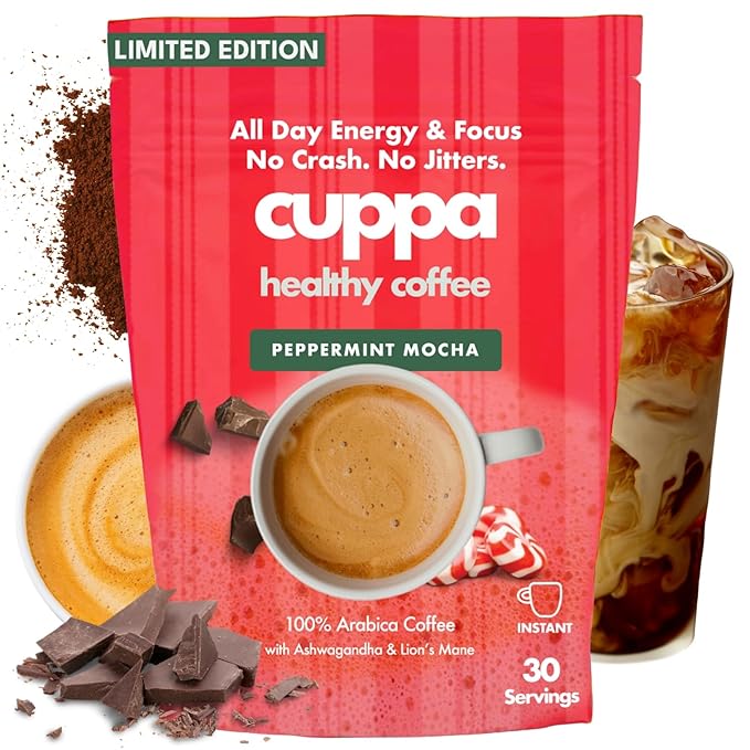 Cuppa Peppermint Mocha Mushroom Coffee with Adaptogens &amp Superfoods - Lion’s Mane Ashwagandha &amp Cordyceps. Adaptogens + MCT to support natural energy mental focus &amp gut health (30 Servin