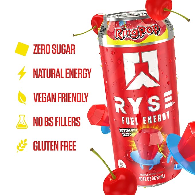 RYSE Fuel Energy Drink - Ring Pop Cherry - Sugar Free Gluten Free &amp Vegan - 200mg Natural Caffeine Taurine &amp Choline for Focus &amp Energy - No Artificial Colors - 16 fl oz Cans (12-Pack)