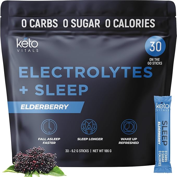 Keto Vitals Sleep Drink Electrolyte Sleep Powder Packets - Fast-Acting Sleep Blend of Melatonin 3mg GABA L-Theanine &amp Ashwagandha - Elderberry 30 Count