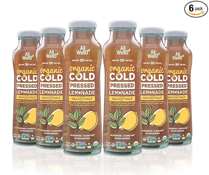 ALLWELLO Organic Cold Pressed Lemonade Gluten Free Non-GMO No Preservatives No Sugar Added (Half Iced Tea Half Lemonade Blend 6 Pack)