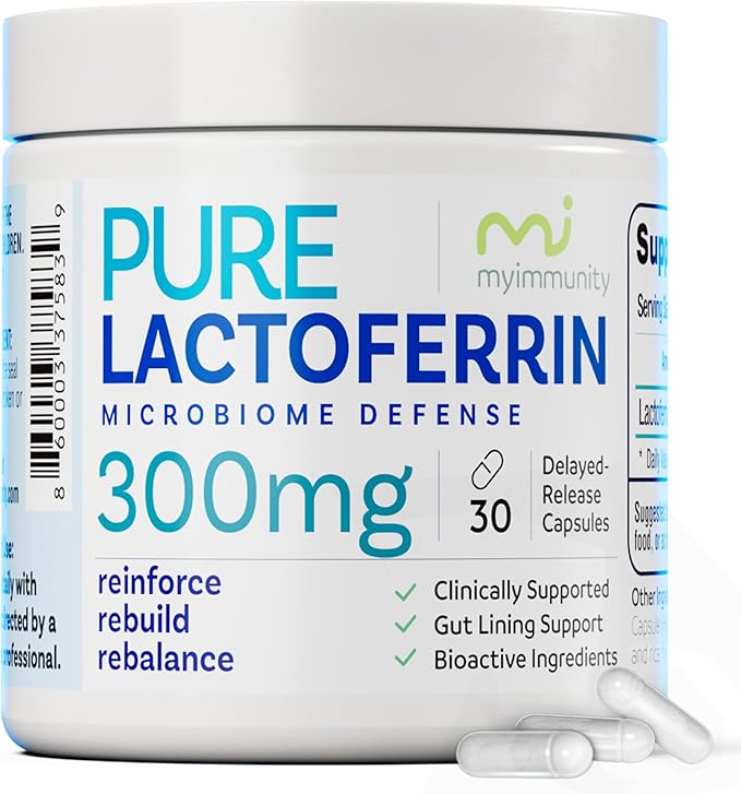 Pure Lactoferrin Microbiome Defense - 300mg Delayed Release Capsules Non-GMO Iron Absorption &amp Immune System Support Lactoferrin Supplements for Adults Gluten-Free (30 Capsules)