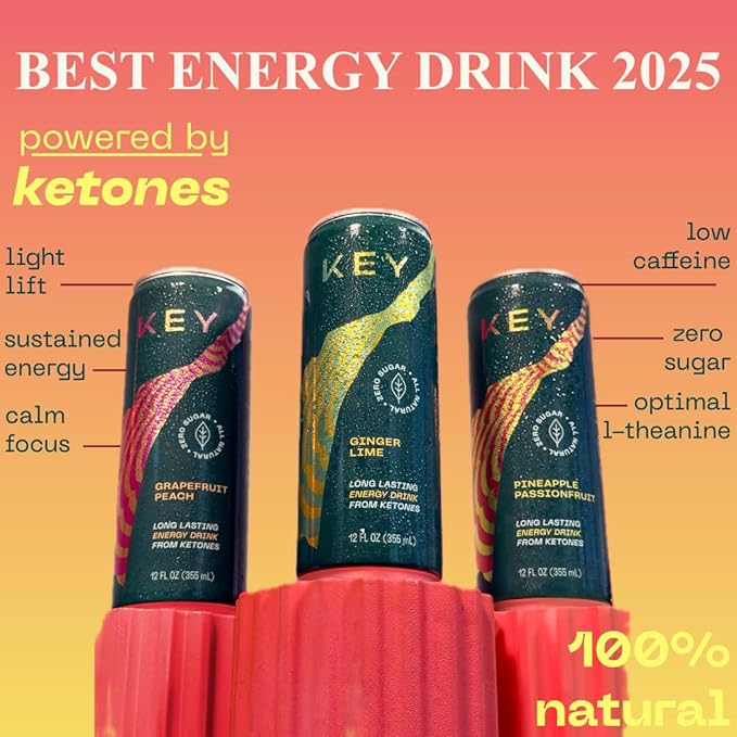 KEY Ketone Drink - Ketones for Energy &amp Focus Sugar Free &amp Low Caffeine from Green Tea with L-Theanine No Crash or Jitters All Natural Lightly Carbonated Variety Pack (Pack of 12)