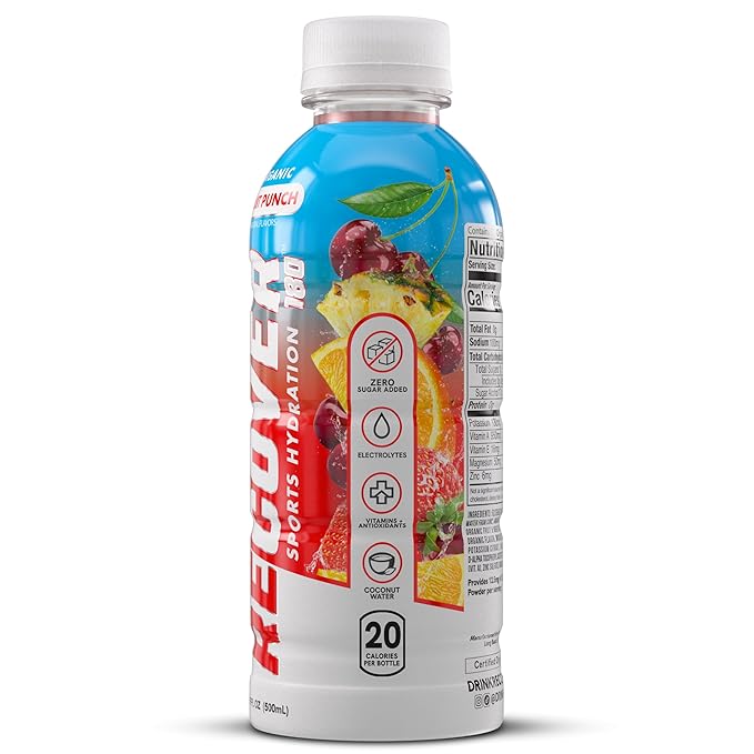 RECOVER 180 Organic Sports Hydration Drink No Sugar Added 20 Calorie Sports Beverage Organic Flavors With Vitamins Potassium-Packed Electrolytes (16.9 Fl Oz (Pack of 12) Fruit Punch)