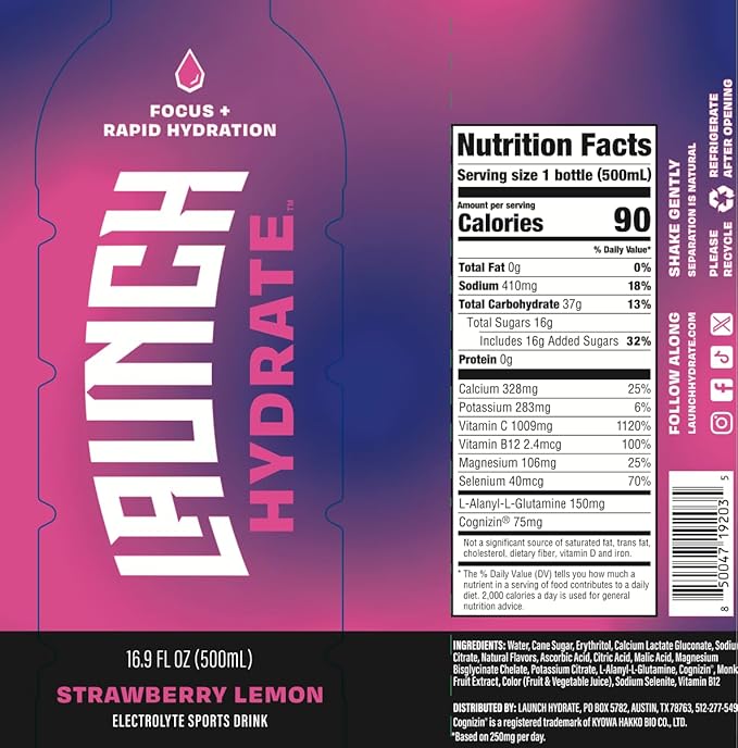 Sports Drink: Strawberry Lemon Flavor - 16.9 Oz (12 Pack) Energy Drink + Hydration Real Cane Sugar Electrolytes Cognizin for Focus Vitamin B12 Energy Boost L-Glutamine Hydration Formula No Arti