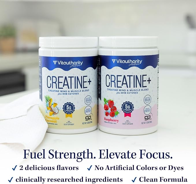 Vitauthority Multi Collagen Burn Energy: Hydrolyzed Protein Peptides with Hyaluronic Acid and Creatine Monohydrate Powder for Women Micronized Creatine Monohydrate with goBHB &amp CognatiQ