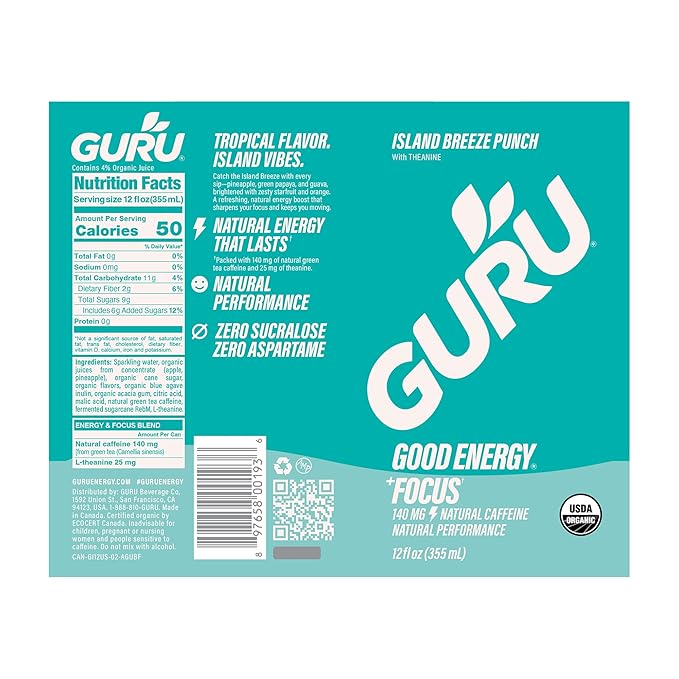 GURU PUNCH Organic Energy Drinks Variety Pack Clean Energy Drink with Plant Based Natural Caffeine from Green Tea + Focus w/L-Theanine Gluten Free 140mg Caffeine Healthy Drinks 12oz (Pack of 12)