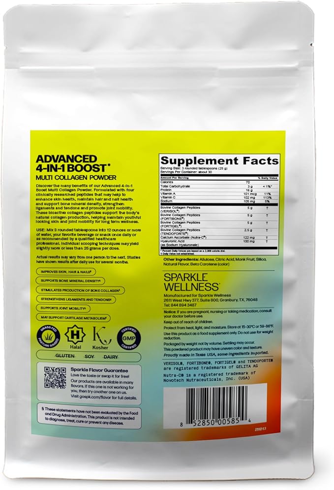 Sparkle Wellness Advanced 4 in 1 Boost | Clinically Tested Multi Collagen Powder with VERISOL FORTIBONE FORTIGEL TENDORFORTE | Skin Bone Joint Health | Orange
