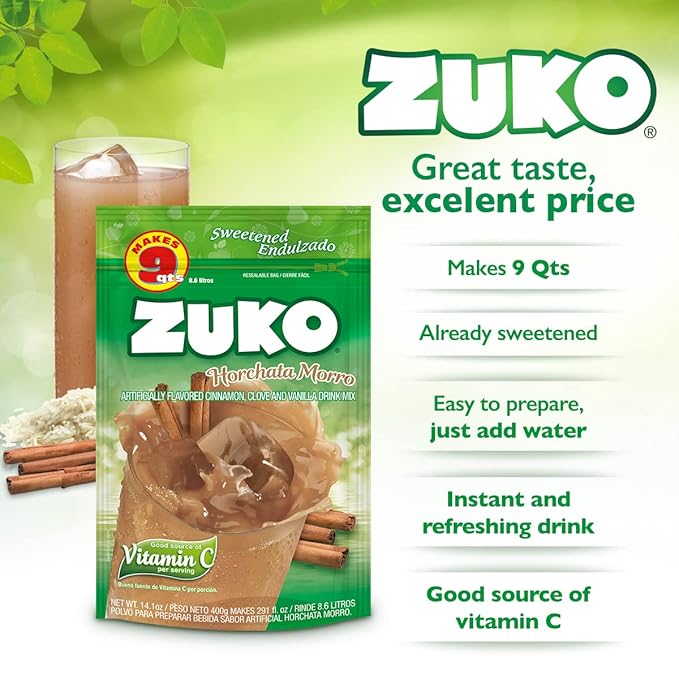 Zuko Horchata Morro Instant Powder Drink | Family Pack | No Sugar Needed | Vitamin C | 14.1 Ounce (Pack of 2)